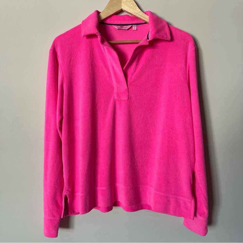 Vineyard Vines Terry Cloth Long Sleeve Polo Shirt Crazy Neon Pink Small